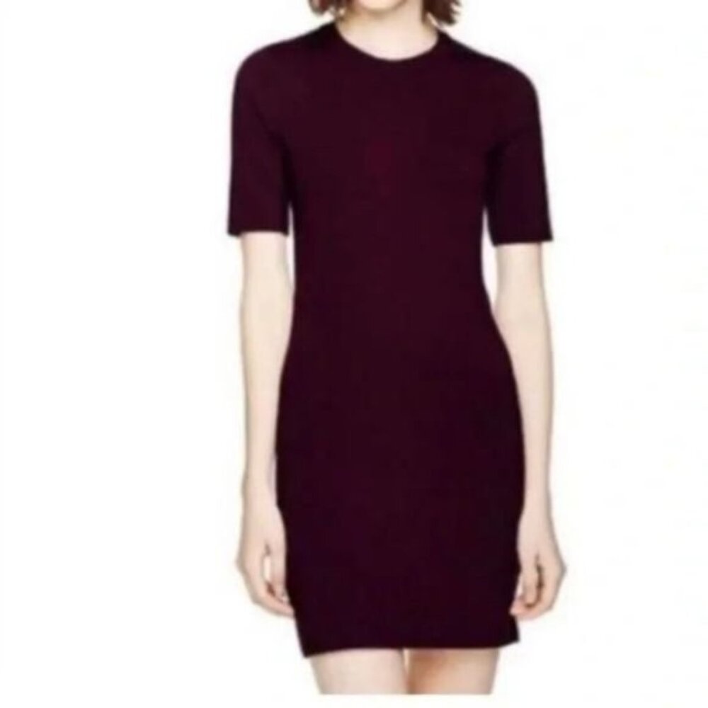 Aritzia Sunday Best Plump Burgundy fitted mini dress short sleeves crew neckline